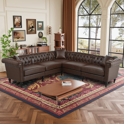 Man cave Sofa Couch for garage, Living Room, L Shaped Reversible Modern Chesterfield Sofa with Rolled Arms and Nailhead, 5 Seat Tufted Couch for Small or Large Space(Dark Brown) PU Leather