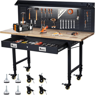 60" Adjustable Rolling Workbench with Pegboard & Drawers