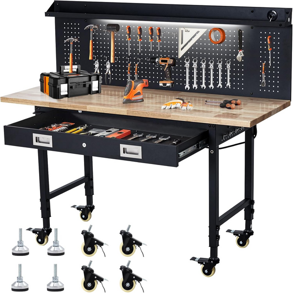 60" Adjustable Rolling Workbench with Pegboard & Drawers