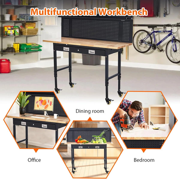 60" Adjustable Rolling Workbench with Pegboard & Drawers