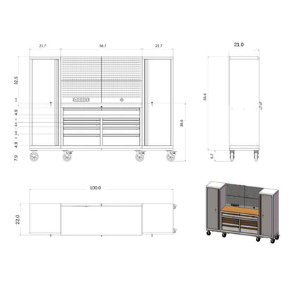 100" Rolling Tool Chest Workstation with Bench Top & Side Lockers