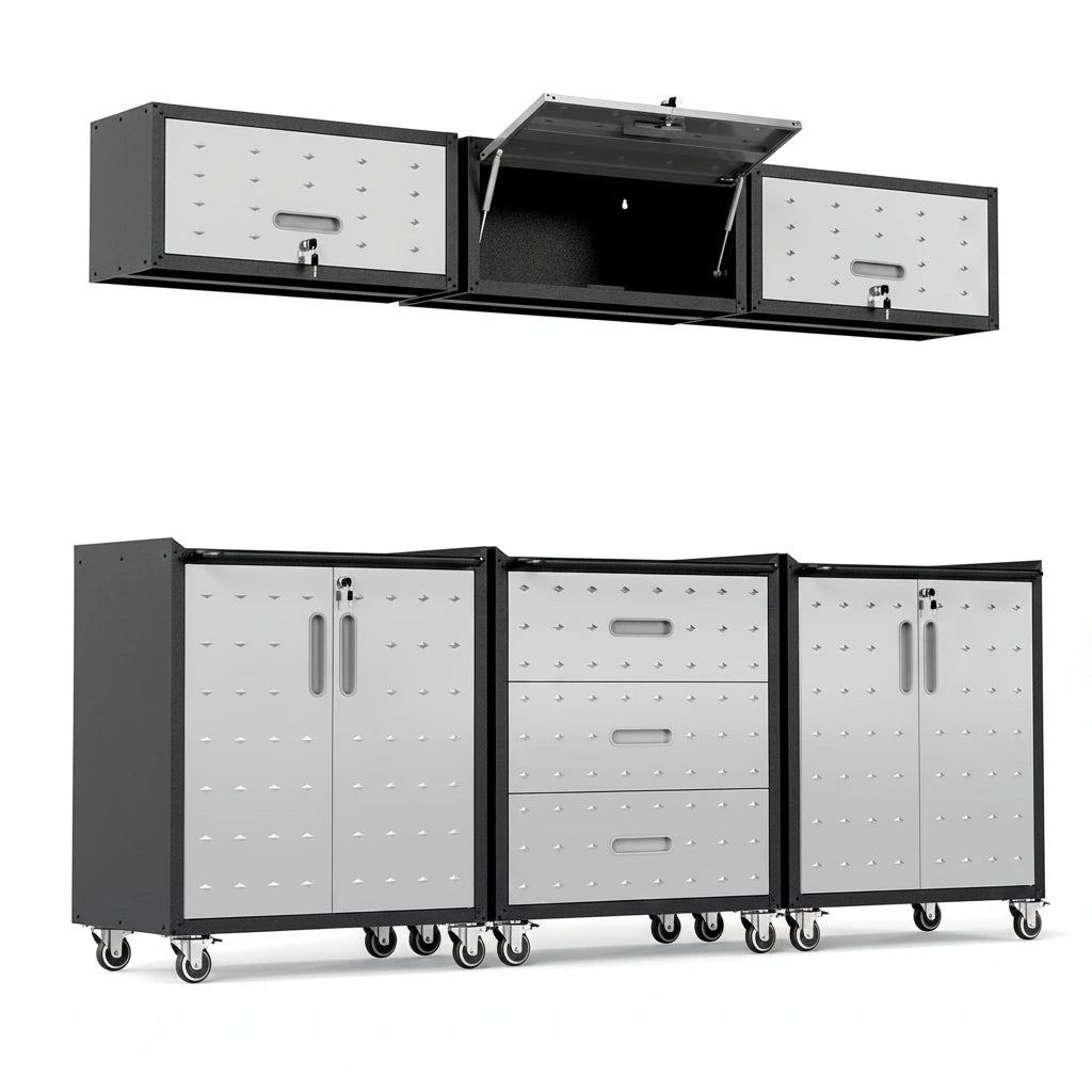 Garage Cabinet System | Heavy Duty Steel All-In-One Modular Garage Cabinet Set for Ultimate Workshop Organization | Easy Assembly Garage Storage Cabinets & Tool Bench