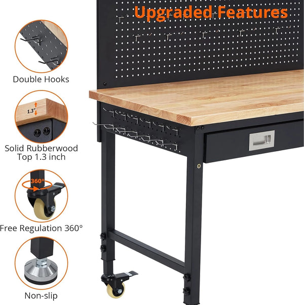 48" Adjustable Workbench with Pegboard, Drawer & Power Outlets