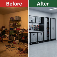 10-Piece Heavy Duty Steel Garage Cabinet System | All-In-One Modular Garage Cabinet Set for Ultimate Workshop Organization | Easy Assembly Garage Storage Cabinets & Tool Bench — Before & After