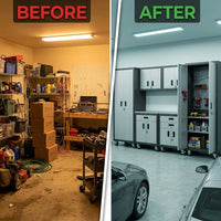10-Piece Heavy Duty Steel Garage Cabinet System | All-In-One Modular Garage Cabinet Set for Ultimate Workshop Organization | Easy Assembly Garage Storage Cabinets & Tool Bench — Before & After