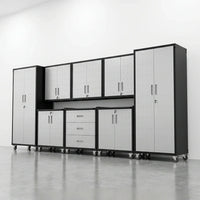 10-Piece Heavy Duty Steel Garage Cabinet System | All-In-One Modular Garage Cabinet Set for Ultimate Workshop Organization | Easy Assembly Garage Storage Cabinets & Tool Bench — Studio Shot