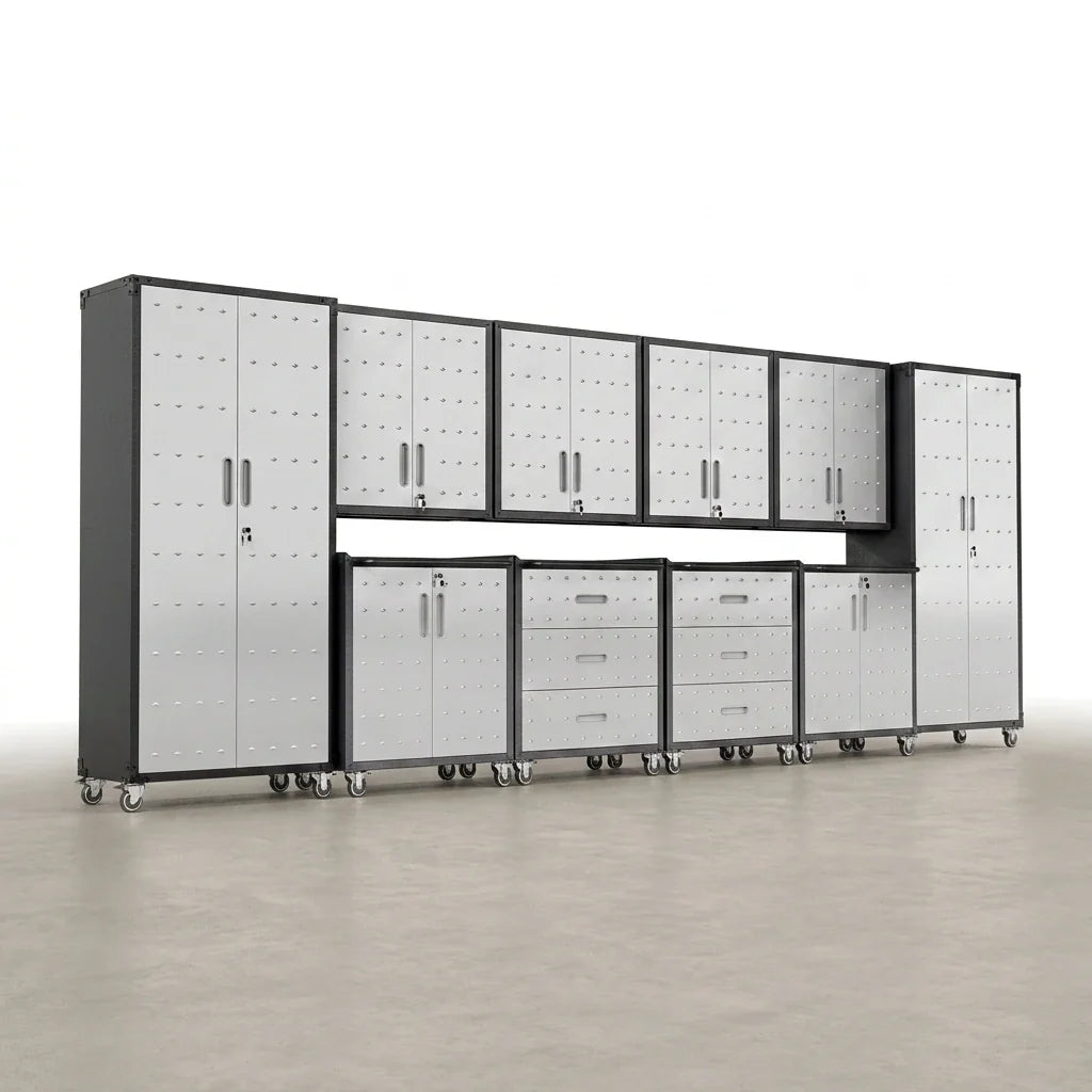 10-Piece Heavy Duty Steel Garage Cabinet System | All-In-One Modular Garage Cabinet Set for Ultimate Workshop Organization | Easy Assembly Garage Storage Cabinets & Tool Bench — Studio Shot