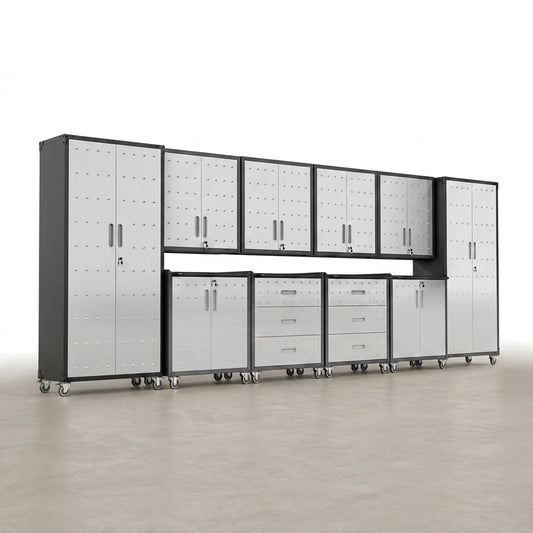 10-Piece Heavy Duty Steel Garage Cabinet System | All-In-One Modular Garage Cabinet Set for Ultimate Workshop Organization | Easy Assembly Garage Storage Cabinets & Tool Bench — Studio Shot