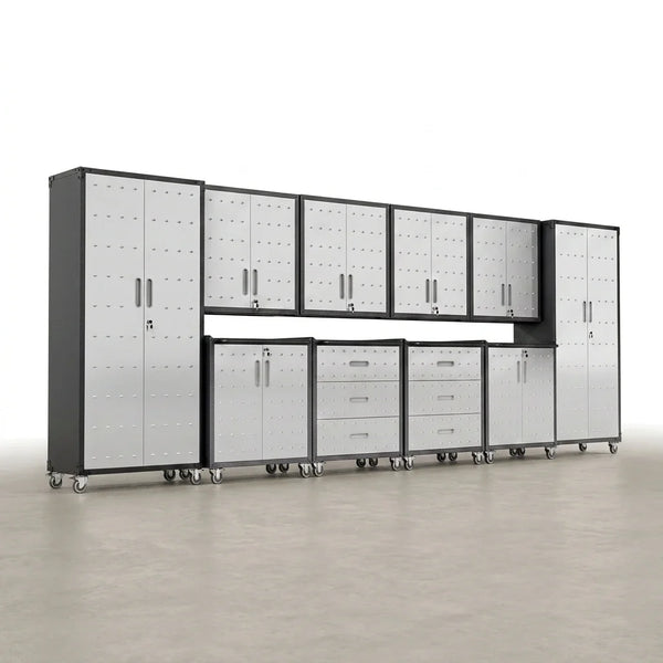 10-Piece Heavy Duty Steel Garage Cabinet System | All-In-One Modular Garage Cabinet Set for Ultimate Workshop Organization | Easy Assembly Garage Storage Cabinets & Tool Bench — Studio Shot